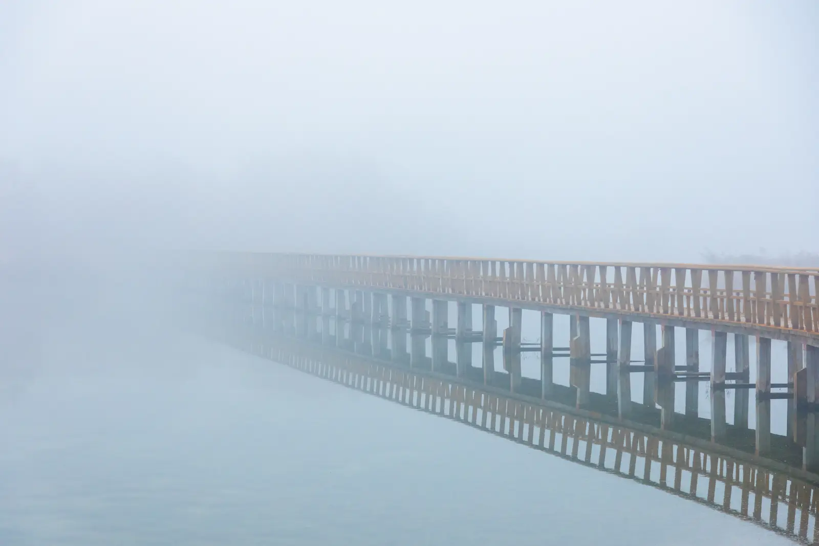 Holzbrücke verschwindet im Nebel über stillem Wasser